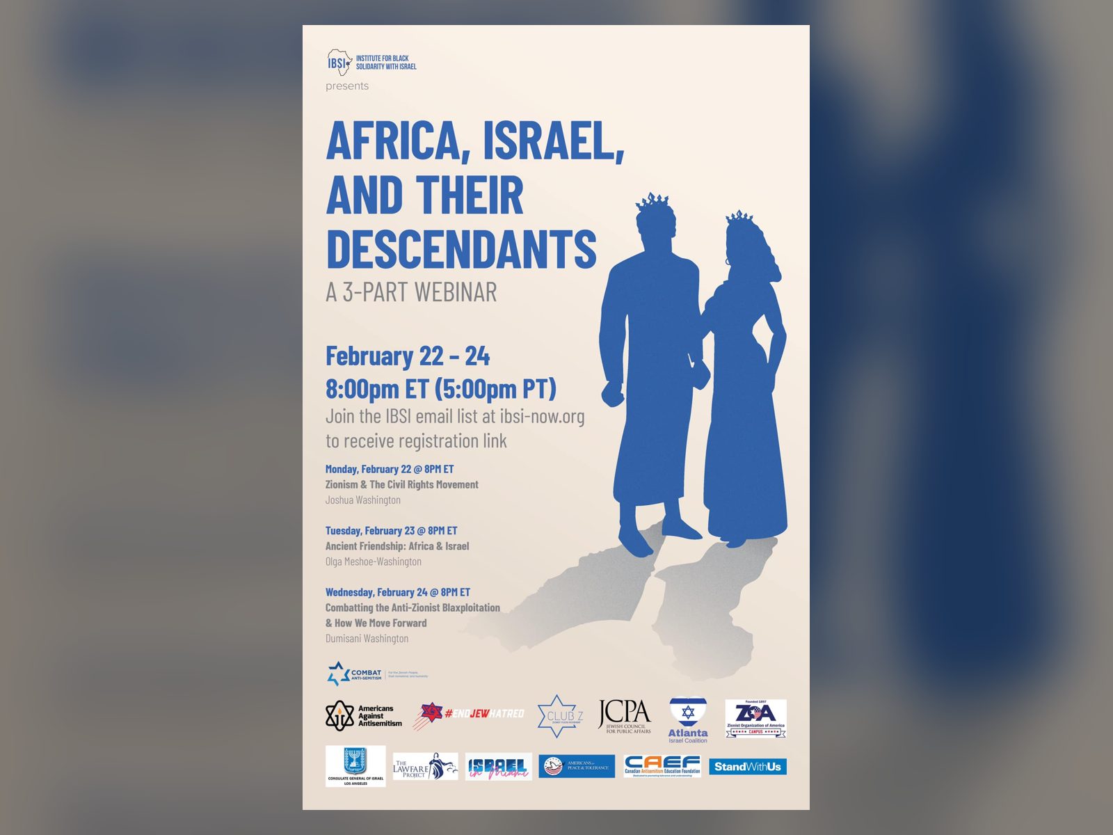 The flyer for Africa, Israel and Their Descendants, IBSI's three-part webinar, February 22 to 24, with the partner logos along the foot.