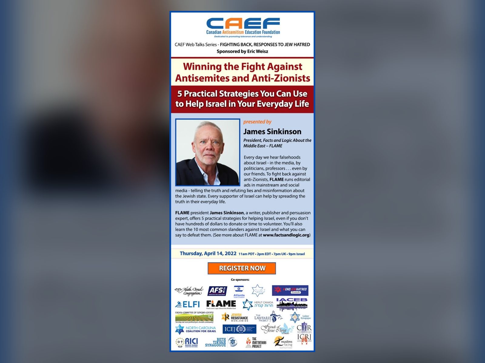 The CAEF flyer for Fighting Back: Winning the Fight Against Antisemites and Anti-Zionists, with James Sinkinson, Thursday, April 14, 2022.