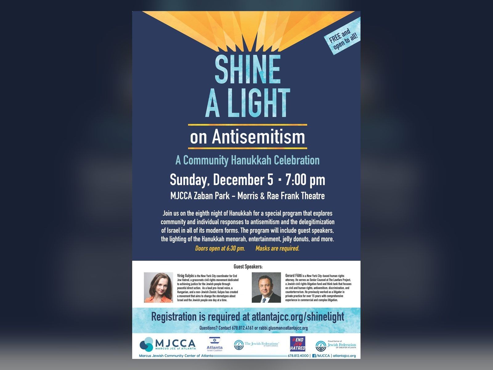 The flyer for Shine a Light on Antisemitism, a community Hanukkah celebration, Sunday, December 5, at the MJCCA's Zaban Park.