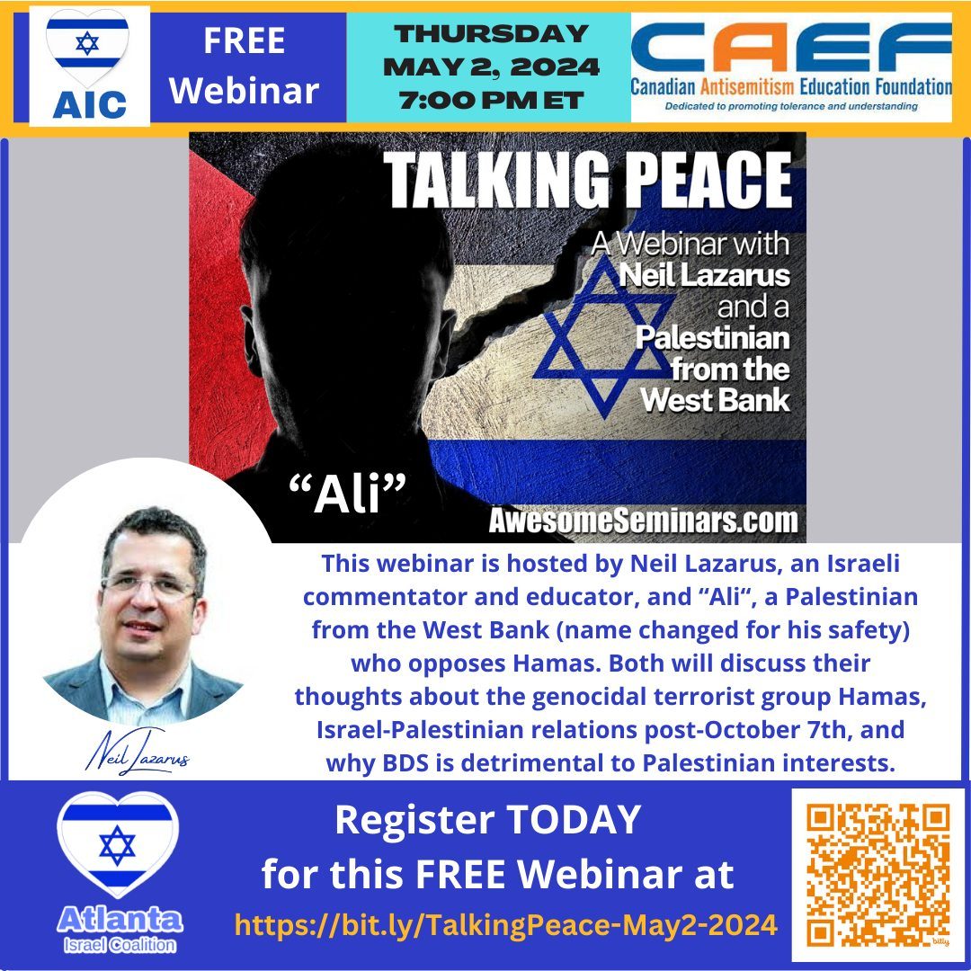 The flyer for Talking Peace, a free webinar with Neil Lazarus and a Palestinian opponent of Hamas, Thursday, May 2, 2024.