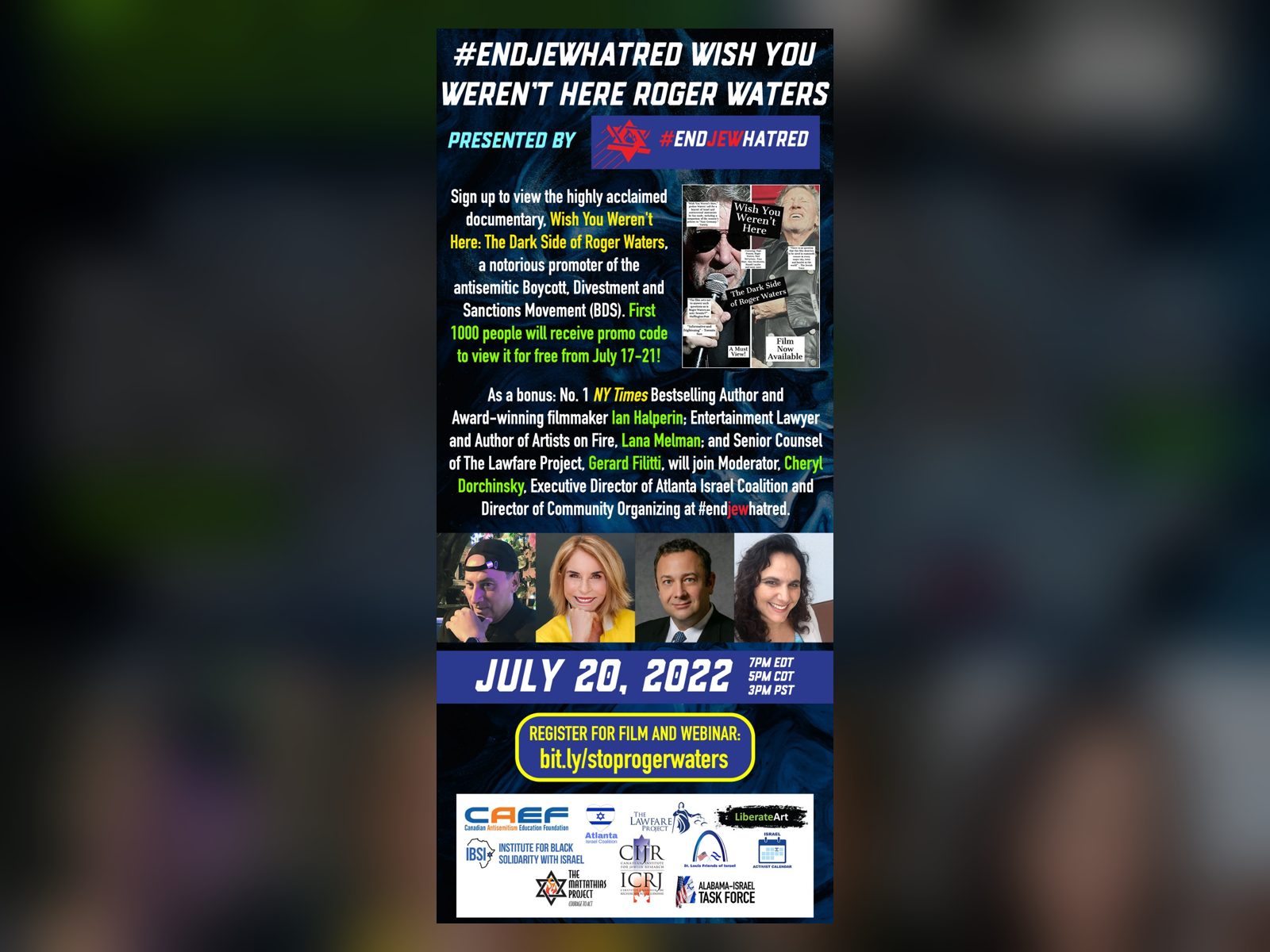 The End Jew Hatred flyer for Wish You Weren't Here: The Dark Side of Roger Waters, with the film-and-webinar date, July 20, 2022.