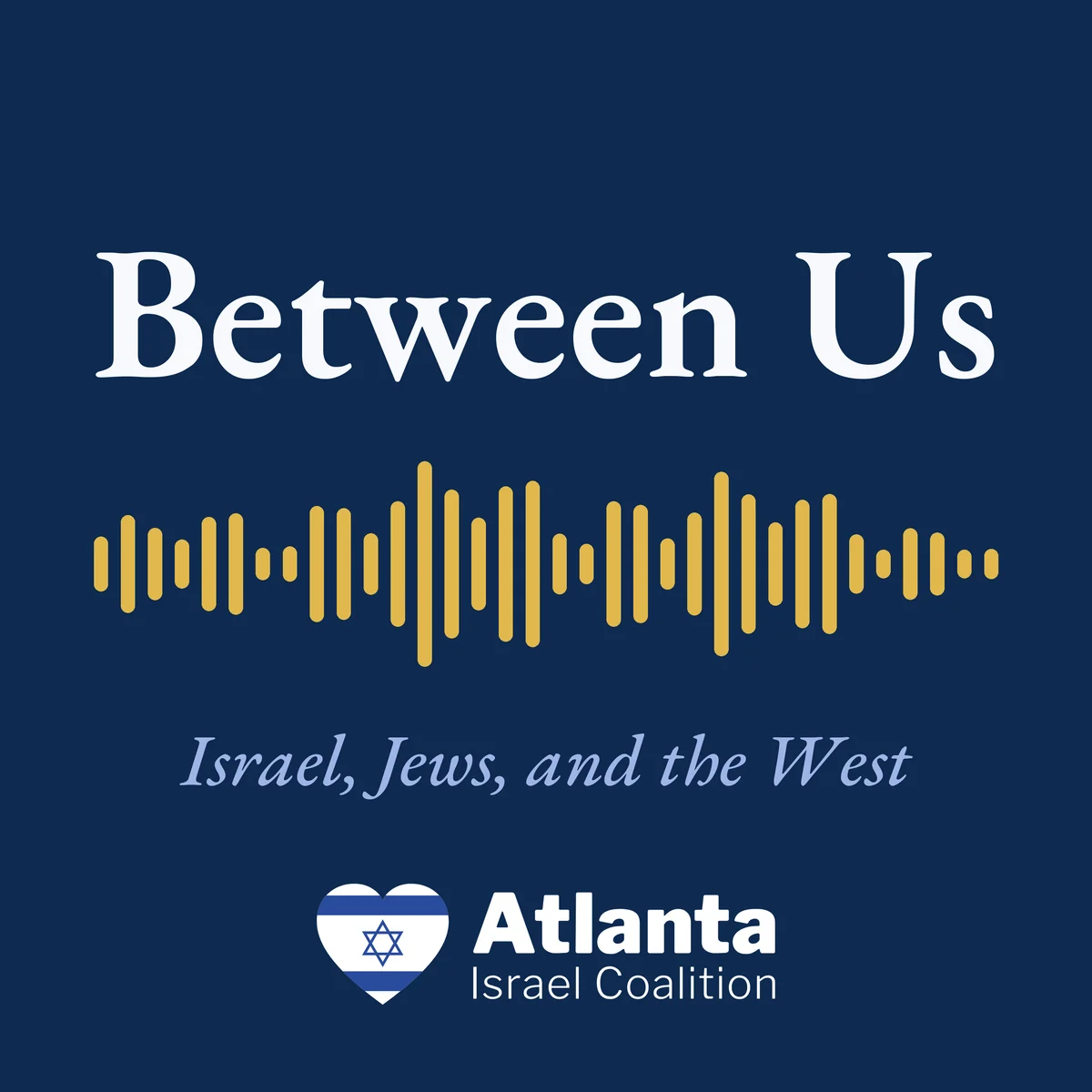 The Between Us cover: the title "Between Us" in white serif type on navy, a gold audio waveform under it, the line "Israel, Jews, and the West", and the Atlanta Israel Coalition logo.