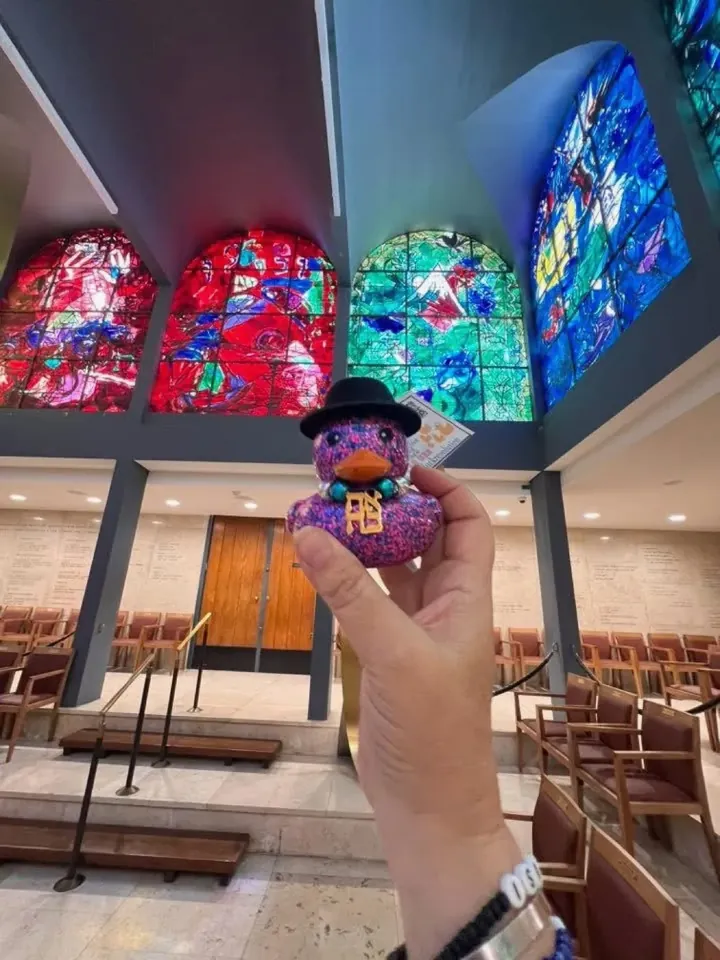A hand holds up a sparkly kosher duck under the Chagall stained-glass windows in Jerusalem.